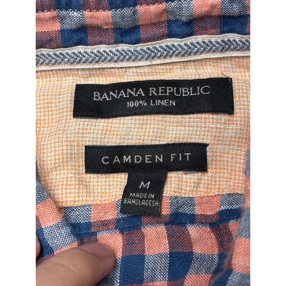 Banana Republic Camden Fit Mens Medium 100% Linen Gingham Shirt Navy Coral Pink